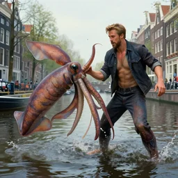 giant squid fighting ryan gosling in amsterdam canals, fantasy, high detail, elegant, digital painting, cinematic lighting, textured skin, highly detailed, artstation, unreal engine 5, breathtaking, illustration, ilya kuvshinov, nikolay makovsky