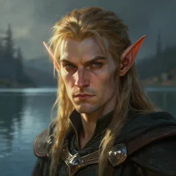 dungeons and dragons elf character closeup portrait, dramatic light, lake background, 2 0 0 mm focal length, painted by stanley lau, painted by greg rutkowski, painted by stanley artgerm, digital art, trending on artstation