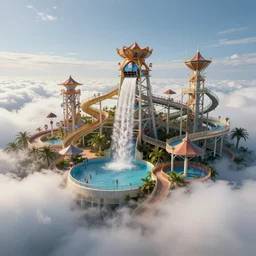 waterpark in the clouds of heaven, digital art, cinematic lighting, epic composition, highly detailed