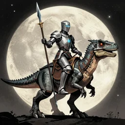 a cybernetic knight holding a lance, riding a cyborg raptor, on the moon, sci fi, retro, illustrated by Richard Powers