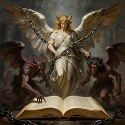 book of enoch, angels capture demons with huge chains and send them to hell, atmospheric lighting. highly detailed digital painting, sharp focus by dore and bouguereau, william - adolphe trending on artstation