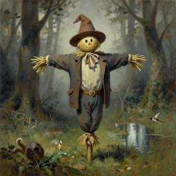 portrait of a scarecrow in a forest by a clearing painted by greg hildebrandt, muted colors, by frank frazetta, soft shadows, extreme detail, reflections, trending on artstation
