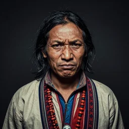 portrait of nepalese shaman, 7 0 yo, annoyed look, dark background, volumetric light, hdr, nikon 2 4 mm f / 1. 8 g, by sebastiao salgado