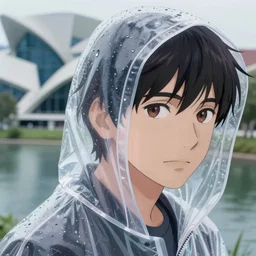 Cinestill 800t, 8K, highly detailed, seinen manga 3/4 closeup portrait, eye contact, focus on clear transparent see through raincoat, tilt shift zaha hadid style anime background: famous blade runner anime remake, pond scene