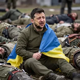 Volodymyr Zelensky at war,  dressed like  Napoleon Bonaparte,  sitting on the ground between dead corpses , crying and weeping, holding a half burnt blue and yellow flag of Ukraine, sharp focus, depth of field, hyper detailed, hyper realistic, High definition, in the style of Lynsey Addario