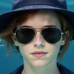 extreme close up emma watson portrait, hat on top of head, wearing aviator sunglasses, under water, 8 k, art station, greg rutkowski, annie liebovitz, roger deakins, wlop