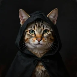 a portrait of a kitten wearing a black hood, cloak covering face, anatomically correct, beautiful perfect face, enigmatic, oil painting, matte, black background, Volumetric dynamic lighting, Highly Detailed, Cinematic Lighting, Unreal Engine, 8k, HD, by Beksinski