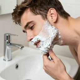 man shaving beard into sink
