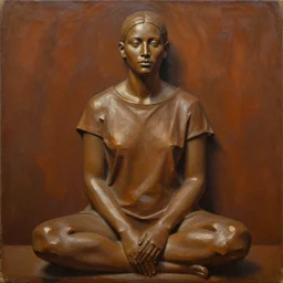detailed full body portrait in strong femininity, ethnic, realistic face sculpted features, statuesque model, plain untucked shirt, seated, warm cast, bathed in light, filmic, chiaroscuro, bas relief, specular highlights, angular impressionism, radiosity, deep rich tones, contemporary art, oil on canvas