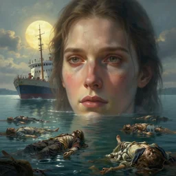 A lake with floating dead bodies and a sunken ship digital painting, artstation, concept art, Sergey Kolesov , Breathtaking, 8k resolution, extremely detailed, beautiful, establishing shot, artistic, hyperrealistic, octane render, cinematic lighting, dramatic lighting, masterpiece, light brazen, extremely detailed and beautiful face