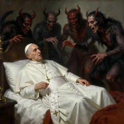 the pope is in his bedroom, terrified because demons are attacking him. highly detailed painting by gaston bussiere, greg rutkowski, craig mullins 8 k