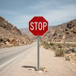 a stop roadsign in a mountain desert valley, liminal