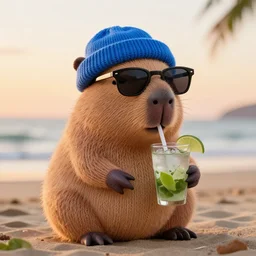 a photorealistic photograph of a knitted cute Capybara wearing sunglasses and dressed in a blue beanie cap. This Capybara is also sipping out of a refreshing Mojito drink at the beach during sunset. The image is Trending on Artstation, featured on Behance, well-rendered, fine detail, extra crisp image, Unreal Engine, 4K HD
