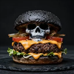 black metal cheeseburger with corpse paint, studio photography