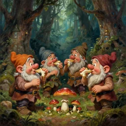 detailed painting of dwarfs in the moosy forest clearing drinking mushroom nectar, in the style of peter mohrbacher, james jean, artgerm, dramatic lighting and composition, surreal background, octane render, pixar, trending on artstation, concept art, comic book, 8 k
