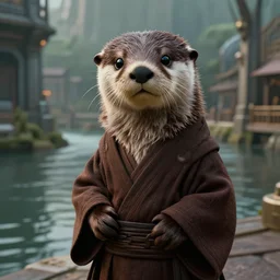portrait, anthropomorphic otter fursona wearing Jedi robes in a futuristic river town. Dramatic lighting, cinematic, establishing shot, extremely high detail, photo realistic, post processed, artstation, matte painting, style by eddie mendoza, raphael lacoste, alex ross