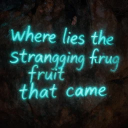 bioluminescent writing on a cave wall, a text that reads'where lies the strangling fruit that came'