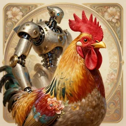 portrait of a rooster, robot steampunk, floral! horizon zero dawn machine, intricate, elegant, highly detailed, ray tracing, digital painting, artstation, concept art, smooth, sharp focus, illustration, art by artgerm and greg rutkowski and alphonse mucha, 8 k