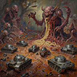 oil painting nightmare macerated future mollusk organized army tanks metal noodle terrorizing army clawed chaos landscape fecund afraid of demon barbed footprints treads hooped around meat market, burnt and destroyed rust landscape in primoridal slimes dropping into in necrotized skins, cinematic, fine art, ornate masterpiece, by jack gaughan