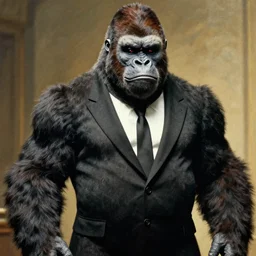still candid photo of king kong wearing a suit, by ilya repin