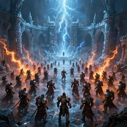 vast ice dungeon, undead army, fire lightning, warcraft, warcraft artwork, mixed art, cinematic light, majestic, hyperrealistic, hyper detailed, dark fantasy, gritty