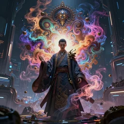 a young zen mage, intricate colorful cosmic smoke magic, futuristic cyberpunk city vista, hyperrealism, octane render, extremely detailed, style of artgerm, arnst haeckel, wlop, victo ngai