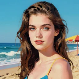 young woman on beach in roy lichtenstein style pop art