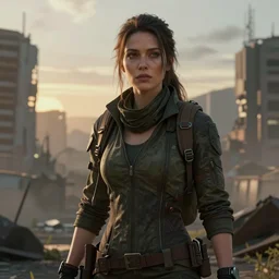 portrait of a survivalist woman in a post apocalyptic city at dawn, beautiful digital concept art trending on artstation by senior concept artist, ultra - realistic intricate high details, cinematic lighting