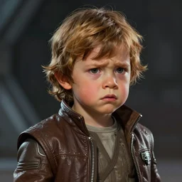 star wars portrait of a kid by greg rutkowski, young han solo, he is about 1 3 years old, sad and scared expression, wearing a flying jacket, highly detailed portrait, scifi, digital painting, artstation, concept art, smooth, sharp foccus ilustration, artstation hq.