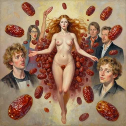 epic painting of flying sweet dried dates fruit portrait of beautiful goddess surrounded by amy leibowitz, wlop, jeremy lipkin, beeple, intricate, artgerm, ilya kuvshinov