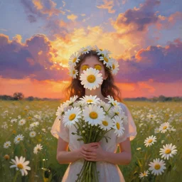 girl face made of giant daisies, standing in a flower field, holding flowers, surreal photography, sunset dramatic light, impressionist painting, colorful clouds, large sky, digital painting, artstation, simon stalenhag