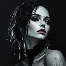 digital art painting portrait of elegant gothic lady with earrings, black and white, black colours, hard edges, high quality, dripping, textured, caestrad, dark background, mystic, perfect lighting, high contrast, arstation, artgerm, wlop, 4 k