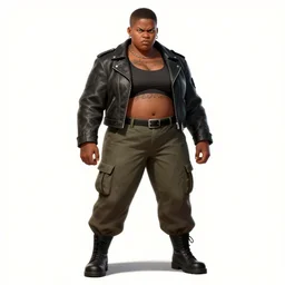 concept art of a masculine stocky buff fat black woman wearing leather jacket, cargo pants, tattoos, clothed!!!! buzzcut, snarl, badass, trending on art station