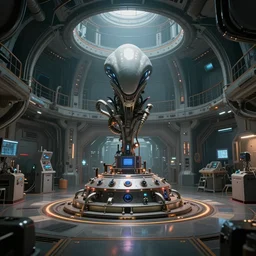 interior of alien laboratory with strange device at the center of a room, color photograph