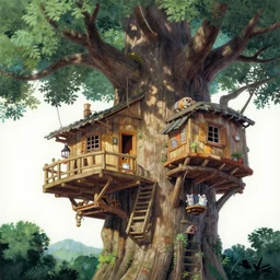 ewok treehouse village hanging from gigantic trees, painting by ralph mcquarrie