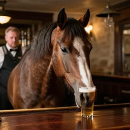 a long faced horse sitting in a bar drinking a pint with a barman