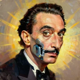 vibrant portrait painting of Salvador Dalí with a robotic half face