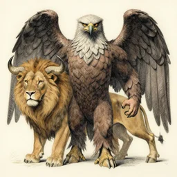 a mighty strong creature with the body and eyes of a man, with the beak of an eagle, the mane of a lion, and the horns of an ox. drawn by francis bacon