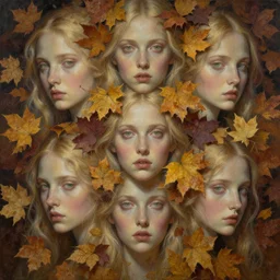 breathtaking detailed concept art painting pattern of blonde goddesses faces blend of autumn leaves, by hsiao - ron cheng and volegov, bizarre compositions, exquisite detail, extremely moody lighting, 8 k