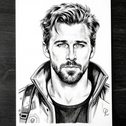 ryan gosling, portrait, cyberpunk 2 0 2 0 manual, by steampoweredmikej, by tim bradstreet, inktober, ink drawing, black and white, coloring pages, manga, highly detailed
