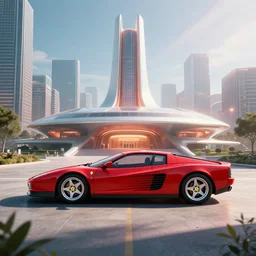 only one!! single!! centered futuristic ferrari testarossa ( ( red ) ) parked exterior view of futuristic city hall overlooking city skyline ( ( frank lloyd wright ) ) luminescent concept art, unreal engine 5, artstation highly detailed, digital art, 8 k hdr, soft lighting, hyperrealistic, godrays