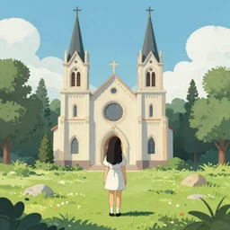 the landscape of a girl standing in front of church, by Paindude.