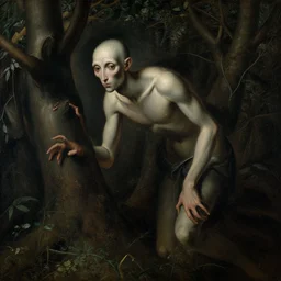 baroque painting of slenderman lurking in the woods
