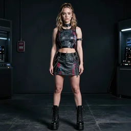 emilia clarke in mini skirt and crop holter top tank top cyberpunk, platform boots, beautiful face, intricate, extremely detailed, modeling photography, 8 0 mm camera, dramatic lighting, dark room, body and face