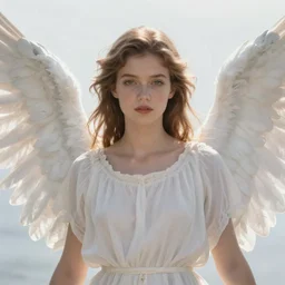 a beautiful portrait of an angel with beautiful face and her huge white wings spread out painted by gerhartz, highly detailed, beautiful, back lit, graceful and elegant, ethereal.