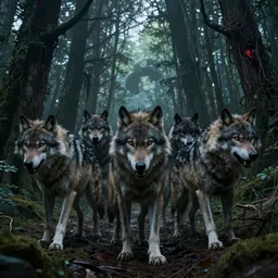 an epic action concept masterpiece of a rabid wolfpack, in a forest made of nightmares, inspired by sd ai. horrific digital art, extremely moody lighting