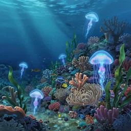 an anime movie background matte painting of an underwater ocean reef, coral, glowing jellyfish, fish, anemones, seaweed, by makoto shinkai, trending on artstation, highly detailed