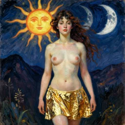 vintage beautiful painting of a goddess in a short golden metallic skirt showing the sun and moon on a mountain night time in Mary Cassatt style