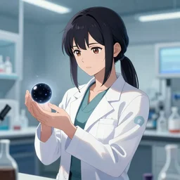 an anime concept art of a beautiful young female scientist in a laboratory holding a small black hole in her hands, style by jordan grimmer and greg rutkowski, ponytail, elegant, sharp focus, morandi color scheme, illustration, high quality, highly detailed, digital art, hyperrealism