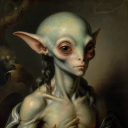 a close - up rococo portrait of an alien spriggan creature. organic surroundings. 1 8 th century science fiction painting by jean - honore fragonard, moebius, and stanislaw fernandes.